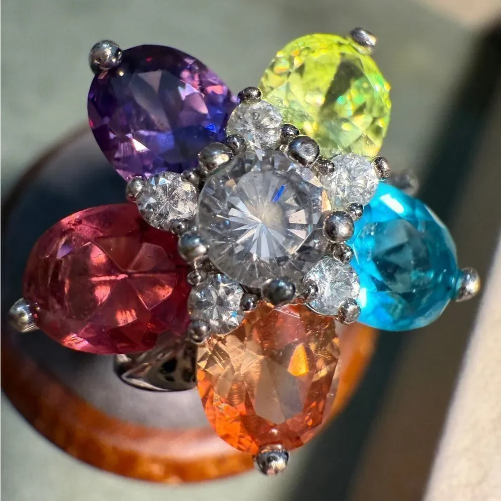 Colorful Flower Cocktail Ring with Multicolor Gemstones – Size 9.5